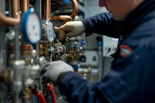 Un technicien effectue la maintenance préventive des canalisations et composants du circuit hydraulique de chauffage