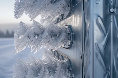Formation de givre sur l'échangeur d'une pompe à chaleur air-eau pendant son fonctionnement en période hivernale