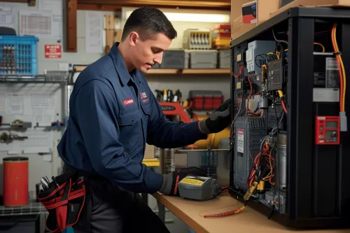 Technicien réparant une pompe à chaleur défectueuse avec ses outils de diagnostic électrique spécialisés