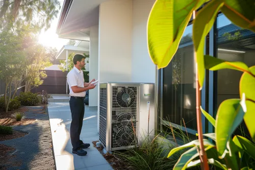 Une pompe à chaleur air-eau moderne installée devant une maison, montrant les différents prix-pac-air-eau du marché actuel